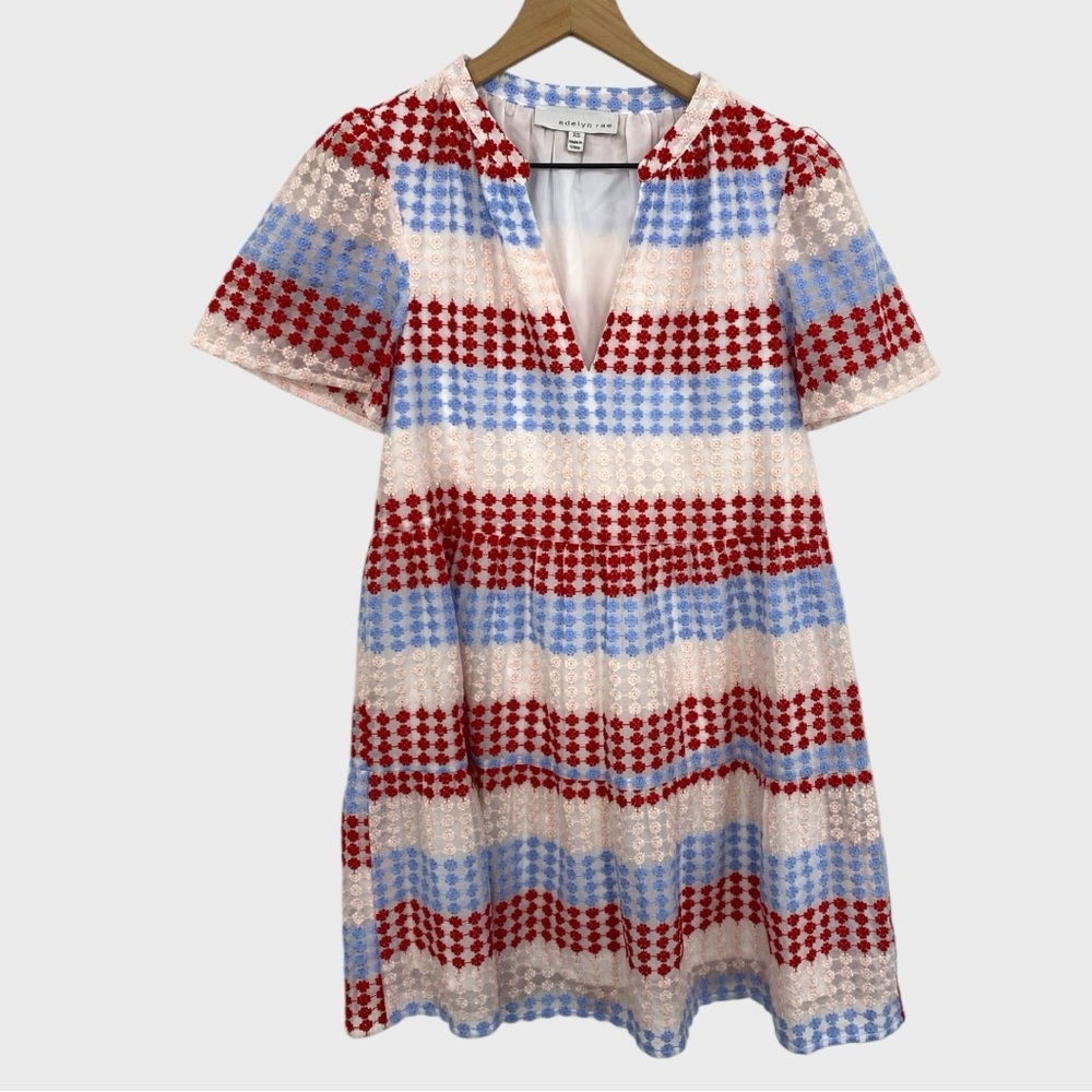 Adelyn Rae Red Blue Cream Embroidered Mini Dress Size XS